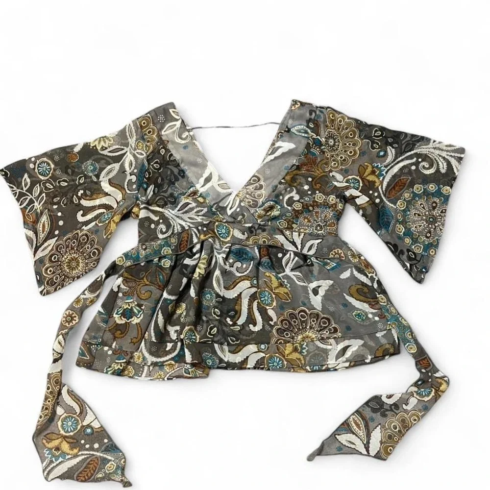 multicoloured paisley babydoll style blouse with waist tie detail - Picture 2 of 6